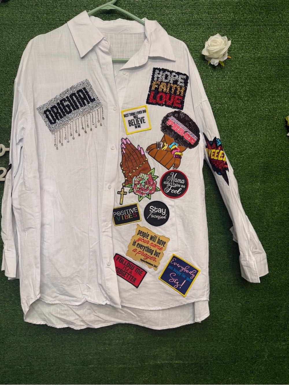 Embellished White Button-Down Shirt with Patches